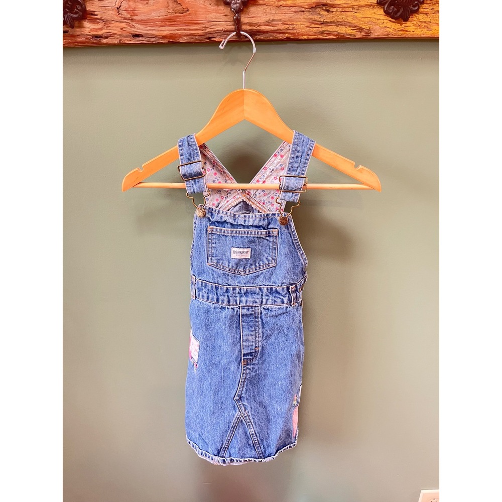 Vtg. OshKosh Bgosh Girls Denim Overall Jumper Dress Floral Patchwork Blue Size 6